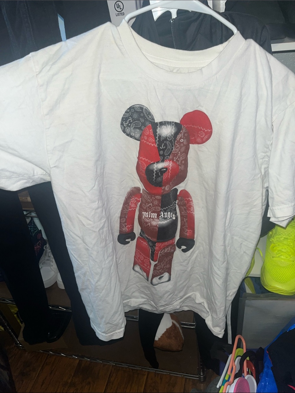 Palm Angels White Kids Graphic Bear Tee with Red and Black Print